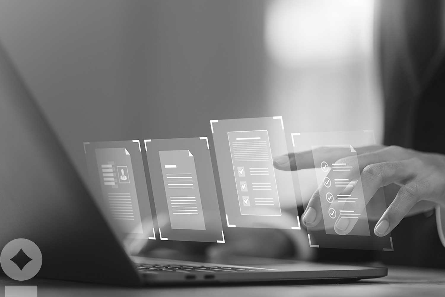 American flag flying over government building in city, blue sky and clouds