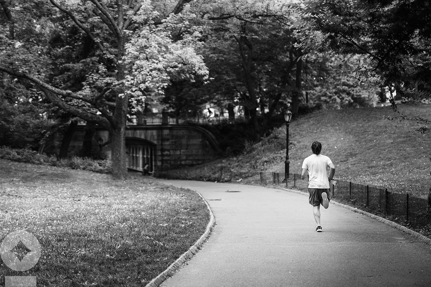 American flag flying over government building in city, blue sky and clouds